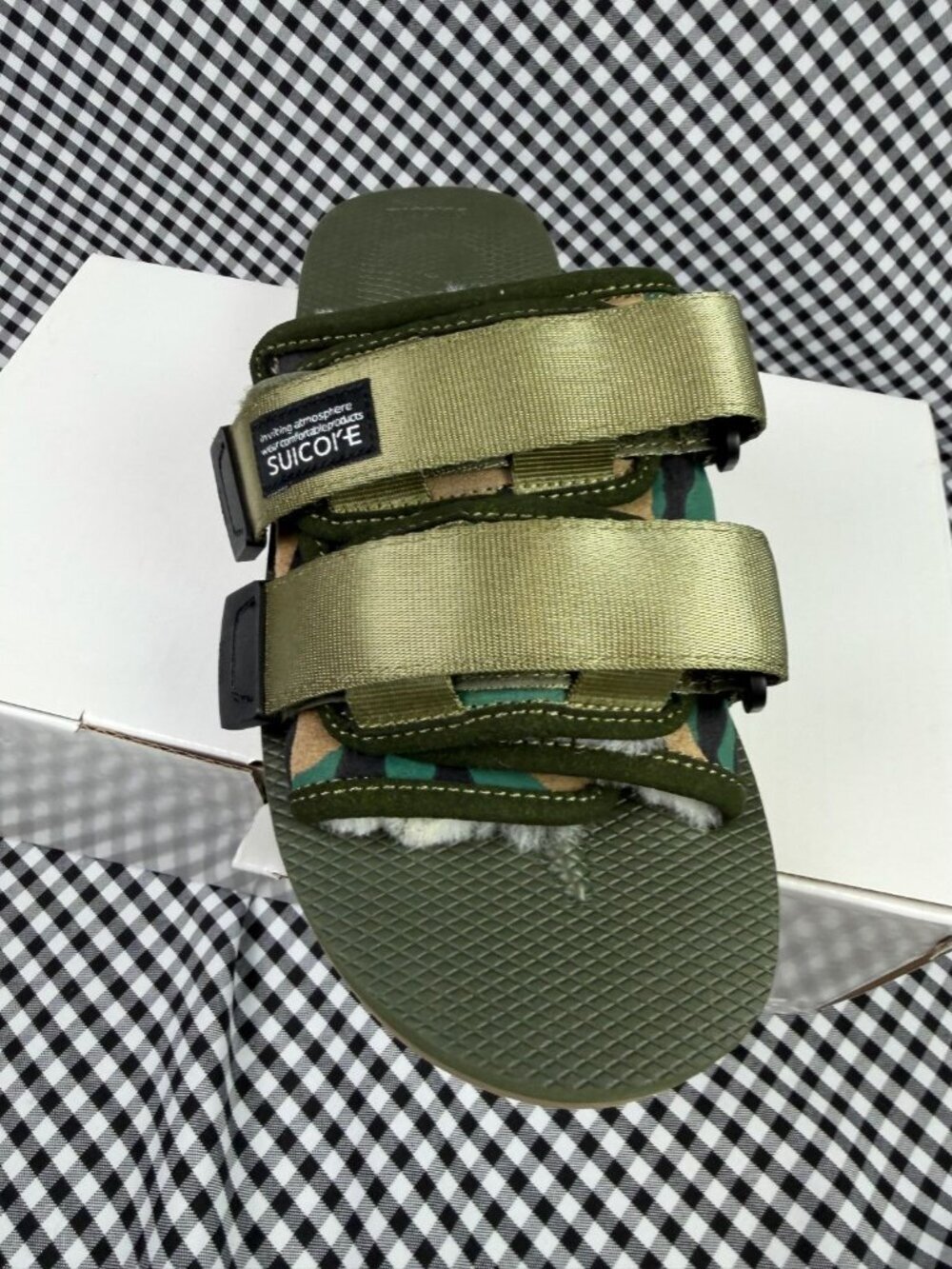 Suicoke MOTO Cab Slide Sandals Camo Green Fur Lined Men’s 5 Women’s 7 New in Box - Picture 2 of 5